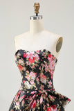 Black Pink Flower A Line Strapless Printed Long Prom Dress with Bow