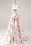 Black Pink Flower Printed A Line Strapless Long Formal Dress with Bow