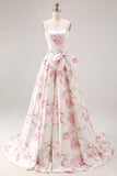 Black Pink A-Line Strapless Print Floral Long Prom Dress with Bow