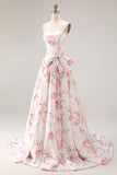 Black Pink Flower Printed A Line Strapless Long Formal Dress with Bow