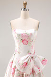 Black Pink A-Line Strapless Print Floral Long Prom Dress with Bow