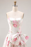 Black Pink Flower Printed A Line Strapless Long Formal Dress with Bow