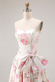 Black Pink A-Line Strapless Print Floral Long Prom Dress with Bow
