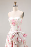 Black Pink Flower Printed A Line Strapless Long Formal Dress with Bow