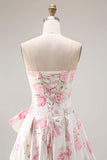 Black Pink A-Line Strapless Print Floral Long Prom Dress with Bow