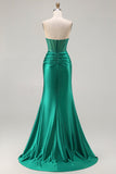 Dark Green Strapless Mermaid Corset Beaded Long Prom Dress with Slit