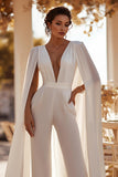 White Deep V-Neck Bridal Jumpsuits with Cape