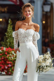 Lace White Off the Shoulder Bridal Jumpsuits with Pockets