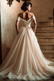 White Off the Shoulder A Line Wedding Dress with Slit