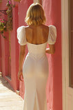 Ivory Mermaid Puff Sleeve Wedding Dress with Slit