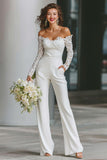 White Off the Shoulder Lace Bridal Jumpsuits with Pockets