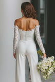 White Off the Shoulder Lace Bridal Jumpsuits with Pockets