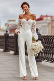 White Lace Off the Shoulder Bridal Jumpsuits with Pockets