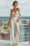 Ivory Ruffled Lace Off the Shoulder Bridal Jumpsuits