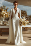 Ivory V-Neck Fitted Bridal Jumpsuits with Cape