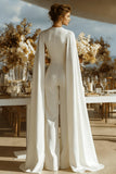 Fitted Ivory Satin V-Neck Long Wedding Jumpsuits with Cape