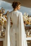 Fitted Ivory Satin V-Neck Long Wedding Jumpsuits with Cape