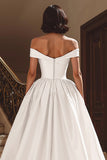 White Off the Shoulder Satin Sweep Train Wedding Dress with Slit