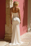 Ivory Mermaid Spaghetti Straps Ruched Long Wedding Dress with Slit