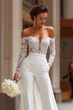 White Off the Shoulder Appliqued Bridal Jumpsuits with Pockets