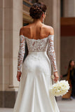 White Off the Shoulder Appliqued Bridal Jumpsuits with Pockets