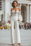 White Appliqued Long Sleeve Bridal Jumpsuits with Pockets