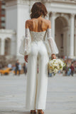 White Appliqued Long Sleeve Bridal Jumpsuits with Pockets