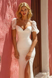 White Sweetheart Mermaid Puff Sleeves Wedding Dress with Slit