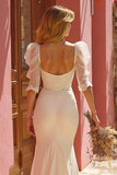 Ivory Mermaid V Neck Puff Sleeve Wedding Dress with Slit