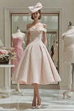 Candy Pink A Line Cold Shoulder Ruched Midi Mother Of The Bride Dress