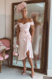 Off The Shoulder Candy Pink Ruched Mother Of The Bride Dress with Slit