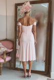 Off The Shoulder Candy Pink Ruched Mother Of The Bride Dress with Slit
