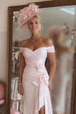 Off The Shoulder Candy Pink Ruched Mother Of The Bride Dress with Slit