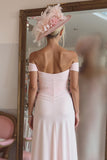 Off The Shoulder Candy Pink Ruched Mother Of The Bride Dress with Slit