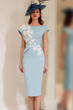 Light Blue Sheath Appliqued Midi Mother Of The Bride Dress