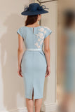 Light Blue Sheath Appliqued Midi Mother Of The Bride Dress