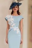 Light Blue Sheath Appliqued Midi Mother Of The Bride Dress