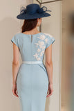Light Blue Sheath Appliqued Midi Mother Of The Bride Dress