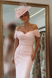 Off The Shoulder Sheath Blush Pink Mother Of The Bride Dress with Appliques