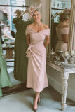Blush Pink Off The Shoulder Satin Sheath Mother Of The Bride Dress