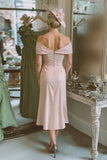 Blush Pink Off The Shoulder Satin Sheath Mother Of The Bride Dress