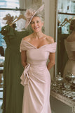 Blush Pink Off The Shoulder Satin Sheath Mother Of The Bride Dress
