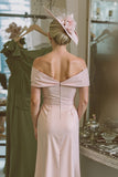 Blush Pink Off The Shoulder Satin Sheath Mother Of The Bride Dress