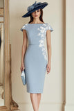 Dusty Blue Sheath Appliqued Midi Mother Of The Bride Dress with Cap Sleeves