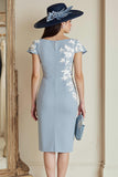 Dusty Blue Sheath Appliqued Midi Mother Of The Bride Dress with Cap Sleeves
