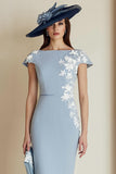 Dusty Blue Sheath Appliqued Midi Mother Of The Bride Dress with Cap Sleeves