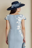 Dusty Blue Sheath Appliqued Midi Mother Of The Bride Dress with Cap Sleeves