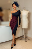 One Shoulder Burgundy and Navy Ruched Midi Mother Of The Bride Dress