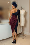 One Shoulder Burgundy and Navy Ruched Midi Mother Of The Bride Dress