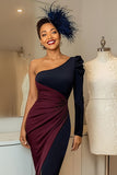 One Shoulder Burgundy and Navy Ruched Midi Mother Of The Bride Dress